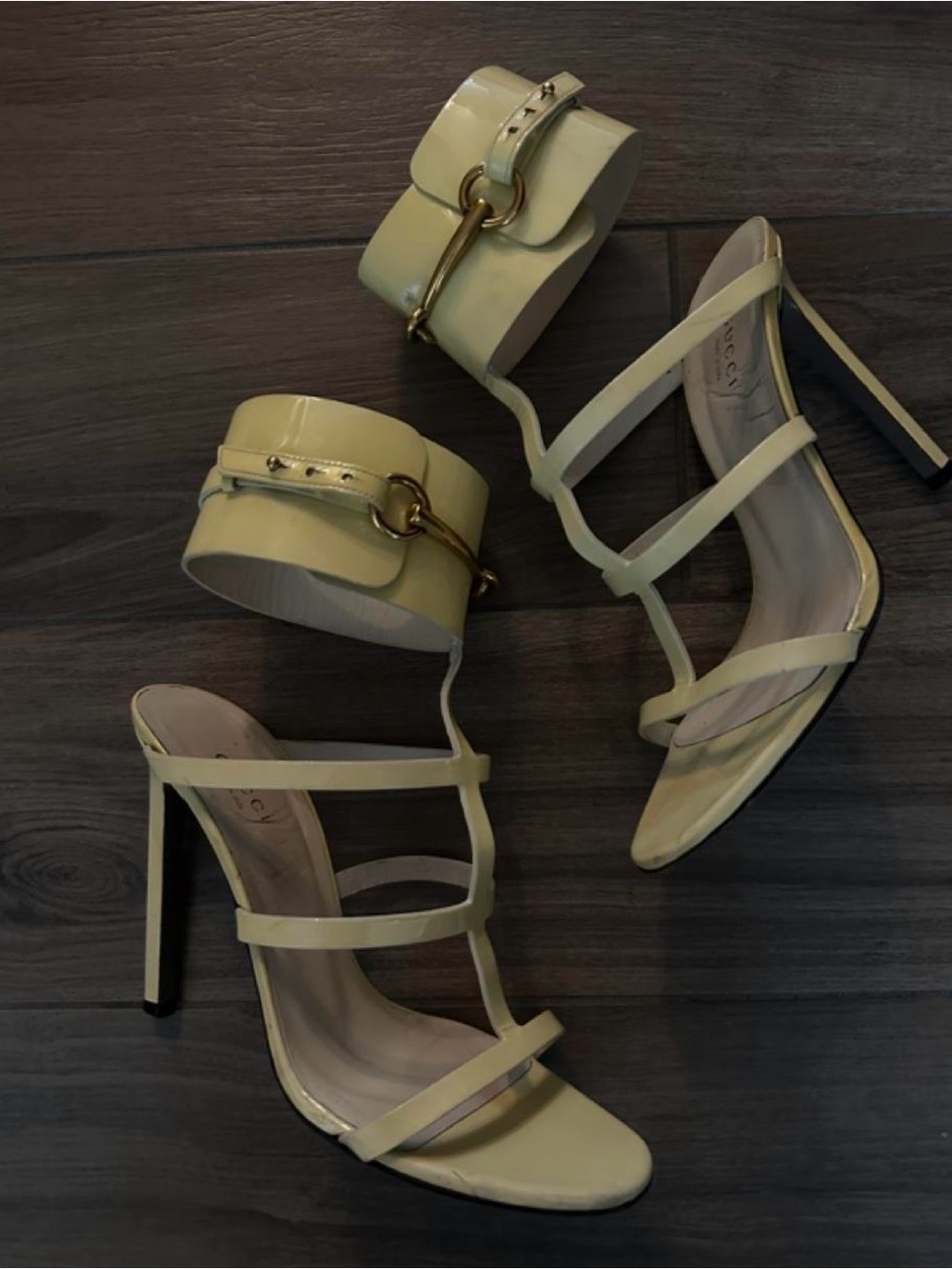Gucci Pale Yellow Strappy High Heel Sandals with Gold Hardware
